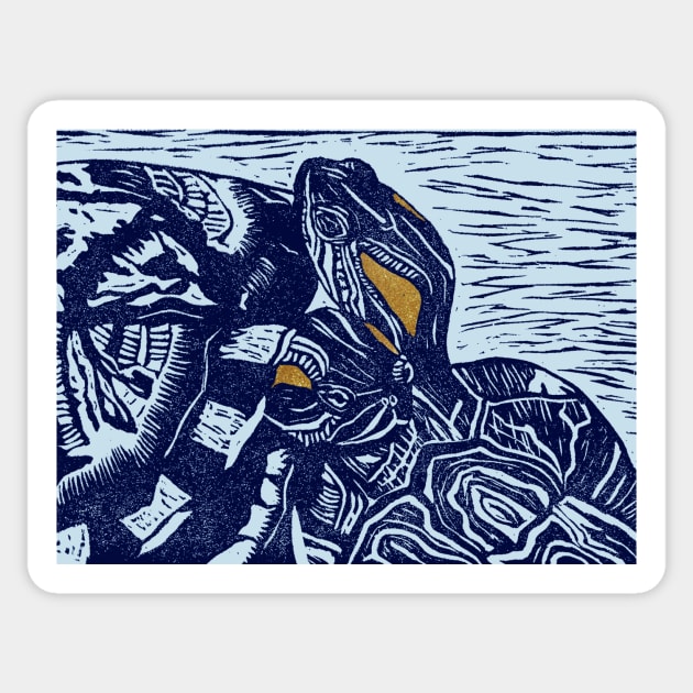 Pet Turtles Friends Linocut (blue/gold) Sticker by lostnprocastinating